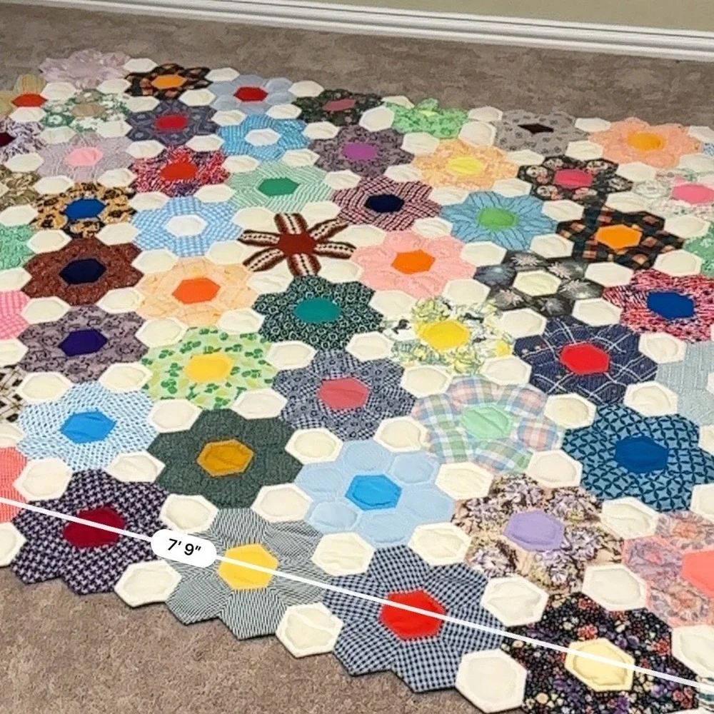 Vintage Handmade Grandmothers Flower Garden Hexagon Patchwork Quilt Multi 8x6